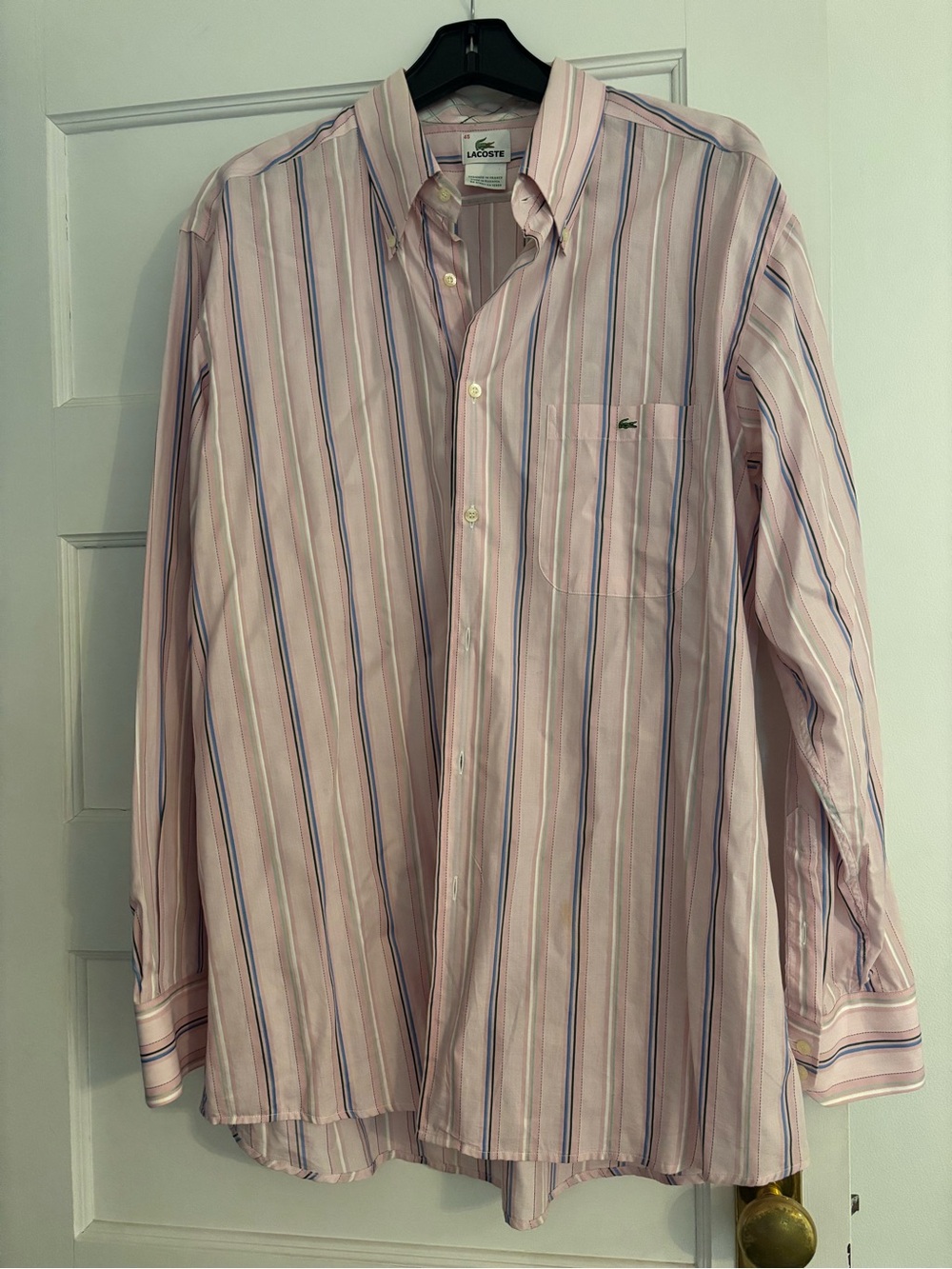 Lacoste Men’s Pink Striped Button-Down Shirt with Blue & White Accents
